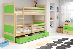 Łóżko młodzieżowe piętrowe RICO 90X200 z szufladą, sosna/zielone