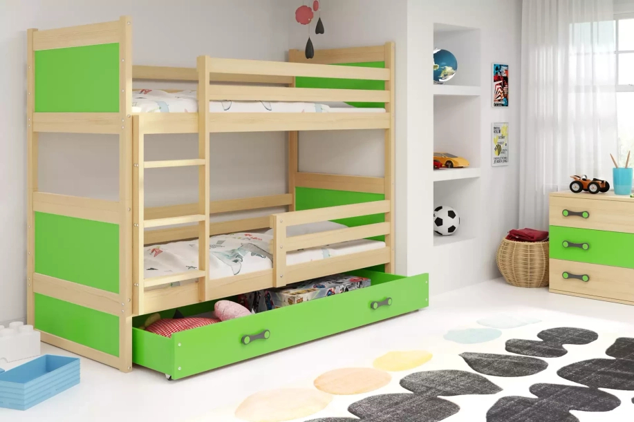 Łóżko młodzieżowe piętrowe RICO 90X190 z szufladą, sosna/zielone