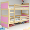 ŁÓŻKO MŁODZIEŻOWE PIĘTROWE RICO 90X200 Z MATERACEM, SOSNA/RÓŻOWE