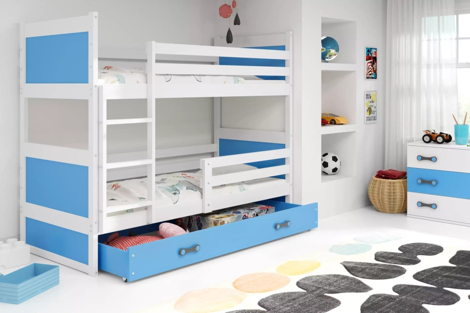 ŁÓŻKO MŁODZIEŻOWE PIĘTROWE RICO 90X200 Z SZUFLADĄ, BIAŁE/NIEBIESKIE