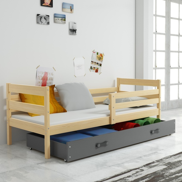 Pojedyncze łóżko młodzieżowe ERYK 90x190 z materacem i szufladą, sosna/grafitowe
