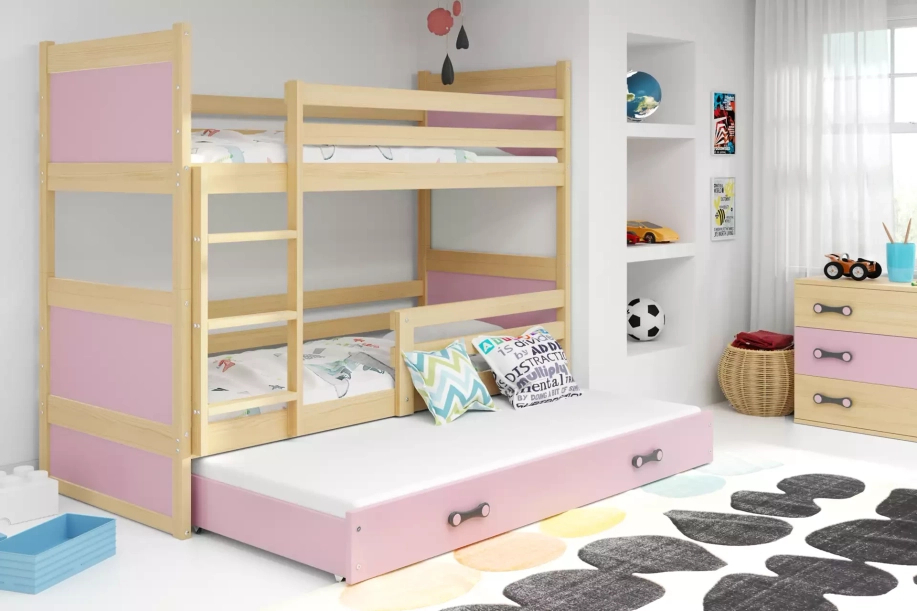 Łóżko młodzieżowe trzyosobowe RICO 90X190 z szufladą, sosna/różowe