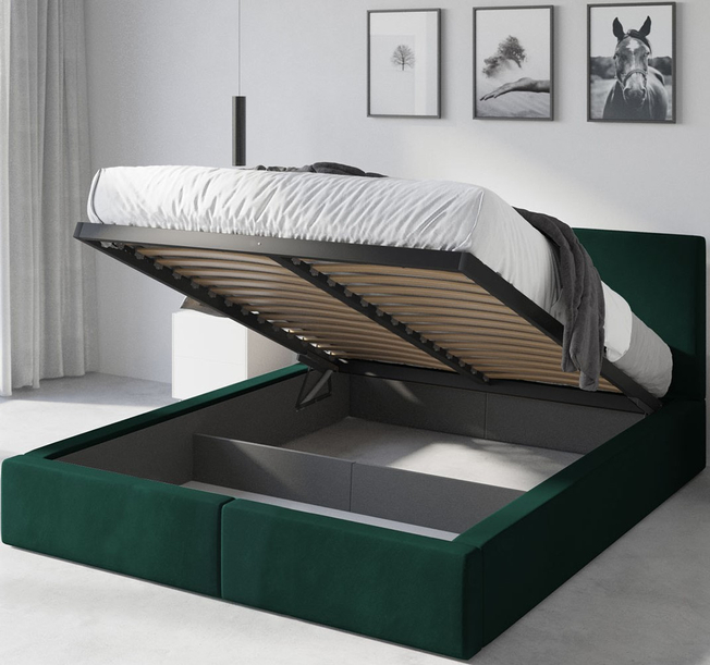 Łóżko sypialniane tapicerowane HILTON 140X200 z pojemnikiem, zielone
