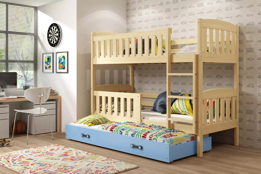 Łóżko młodzieżowe trzyosobowe KUBUŚ 90X190 z materacem i szufladą, sosna/niebieskie