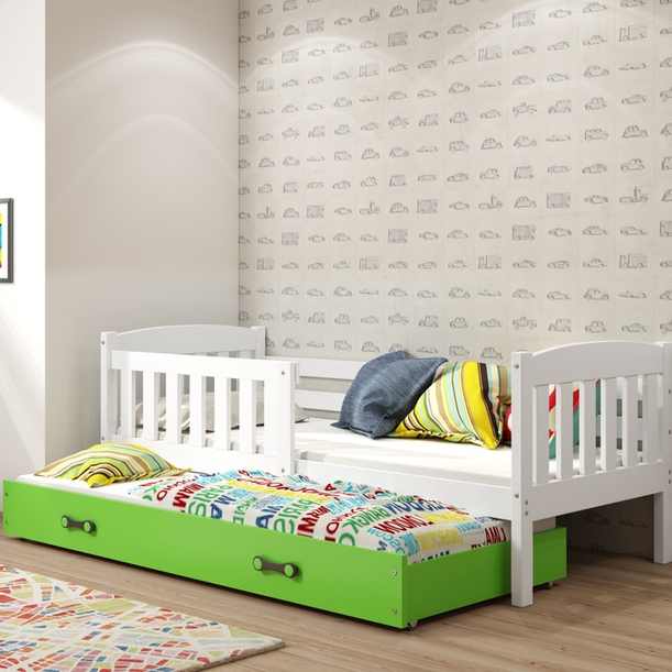 Łóżko młodzieżowe wysuwane KUBUŚ 90X190 z materacem i szufladą, białe/zielone