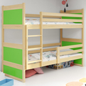 ŁÓŻKO MŁODZIEŻOWE PIĘTROWE RICO 90X200 Z MATERACEM, SOSNA/ZIELONE