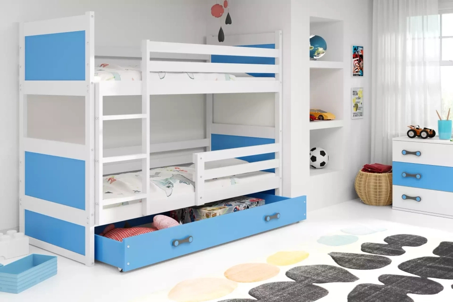 Łóżko młodzieżowe piętrowe RICO 90X190 z szufladą, białe/niebieskie