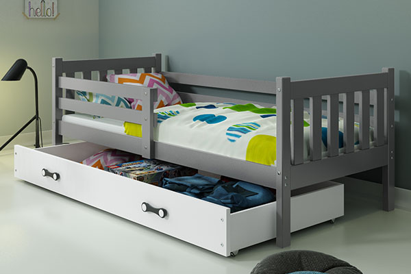 Łóżko młodzieżowe pojedyncze CARINO 80X190 z materacem i szufladą, grafitowe/białe