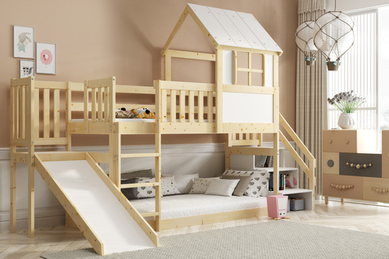 Łóżko piętrowe domek ze zjeżdżalnią, daszkiem i schodami - antresola z naturalnego drewna 90x200 z materacem