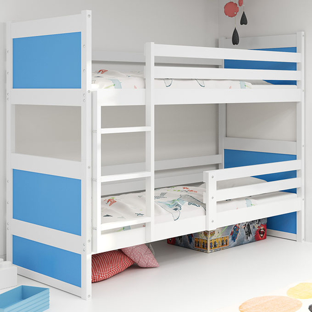 ŁÓŻKO MŁODZIEŻOWE PIĘTROWE RICO 90X200 Z MATERACEM, BIAŁE/NIEBIESKIE