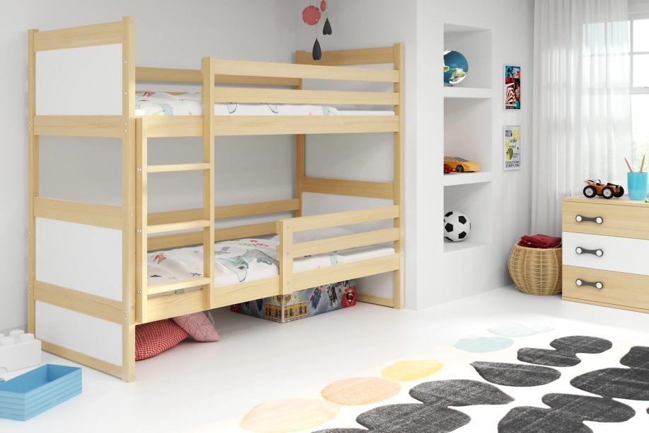 ŁÓŻKO MŁODZIEŻOWE PIĘTROWE RICO 90X200 Z MATERACEM, SOSNA/BIAŁE