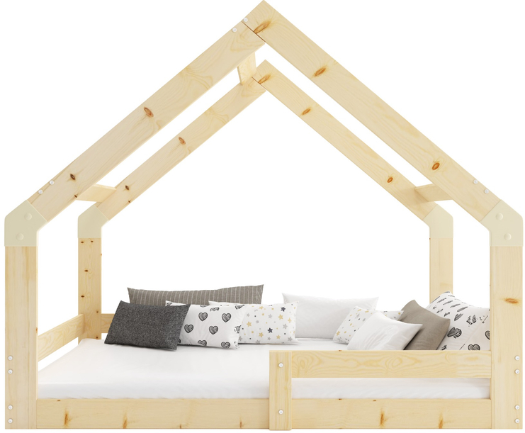Łóżko dziecięce pojedyncze DOMEK 80X160 z materacem, naturalne drewno