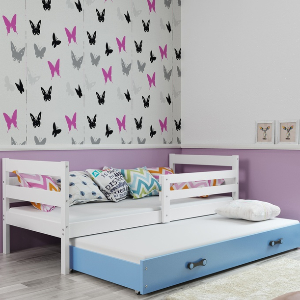 Łóżko młodzieżowe ERYK 90x190 z materacem i szufladą, białe/niebieskie