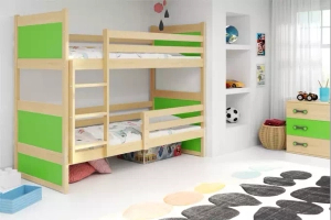 Łóżko młodzieżowe piętrowe RICO 90X190 z materacem, sosna/zielone