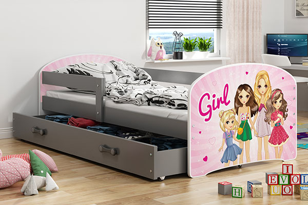 Łóżko młodzieżowe pojedyncze LUKI 80X160 z materacem i szufladą, girls, grafitowe