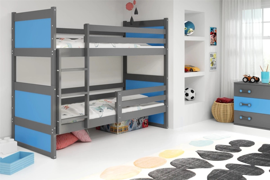 Łóżko młodzieżowe piętrowe RICO 90X190 z materacem, grafitowe/niebieskie