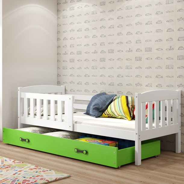 Łóżko dziecięce pojedyncze KUBUŚ 80X160 z materacem i szufladą, białe/zielone