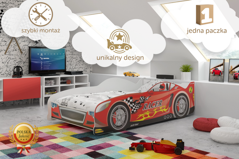 Łóżko dziecięce pojedyncze Cars 80X160 z materacem, czerwone