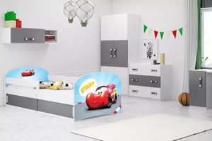 Łóżko dziecięce pojedyncze LUKI 1 80X160 z materacem i schowkiem, Autko, białe