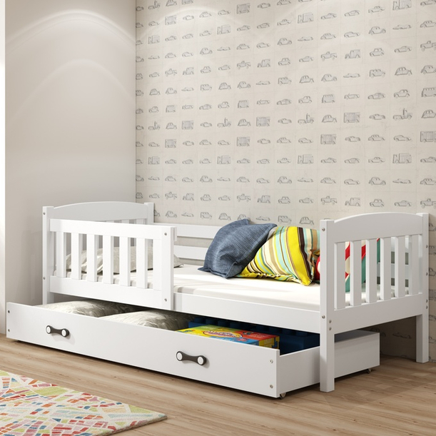 Łóżko młodzieżowe pojedyncze KUBUŚ 90X190 z materacem i szufladą, białe