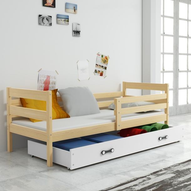 Pojedyncze łóżko młodzieżowe ERYK 90x190 z szufladą, sosna/białe