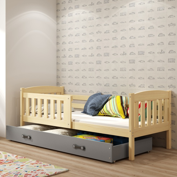 Łóżko młodzieżowe pojedyncze KUBUŚ 90X190 z szufladą, sosna/grafitowe