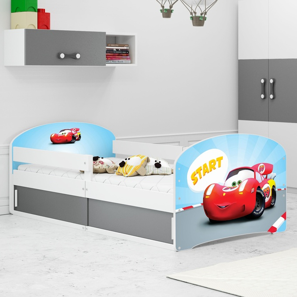 Łóżko dziecięce pojedyncze LUKI 1 80X160 ze schowkiem, Autko, białe
