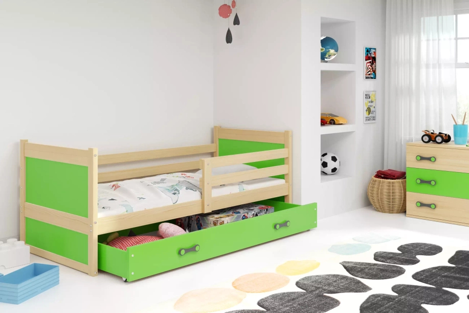 ŁÓŻKO MŁODZIEŻOWE POJEDYNCZE RICO 90X200 Z SZUFLADĄ, SOSNA/ZIELONE