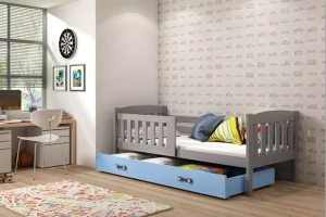 Łóżko młodzieżowe pojedyncze KUBUŚ 90X190 z materacem i szufladą, grafitowe/niebieskie