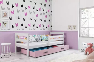 Pojedyncze łóżko młodzieżowe ERYK 90x190 z materacem i szufladą, biały/różowy