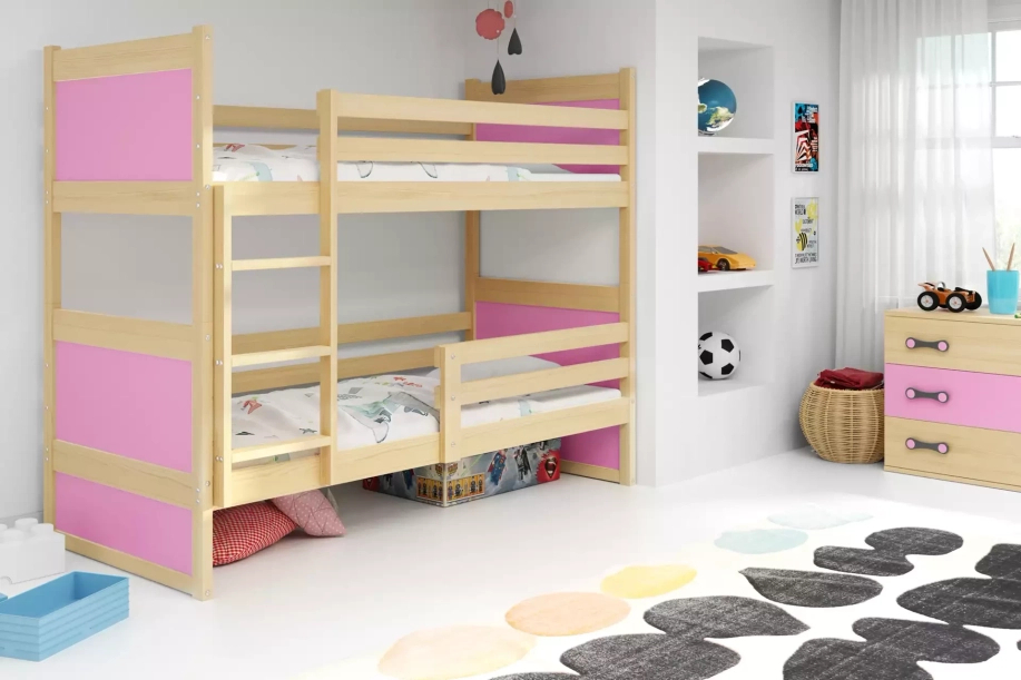 Łóżko młodzieżowe piętrowe RICO 90X190, sosna/różowe