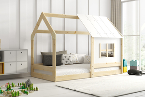 Łóżko dziecięce domek z daszkiem naturalne drewno 80x160 z materacem