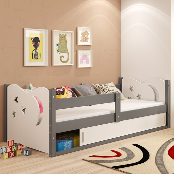 Łóżko dziecięce pojedyncze MIKOŁAJ 80X160 z materacem i schowkiem, grafitowe