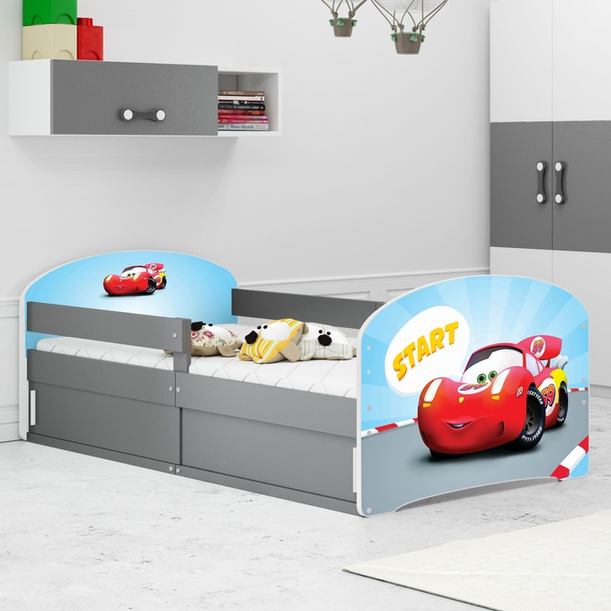 Łóżko dziecięce pojedyncze LUKI 1 80X160 ze schowkiem, Autko, grafitowe