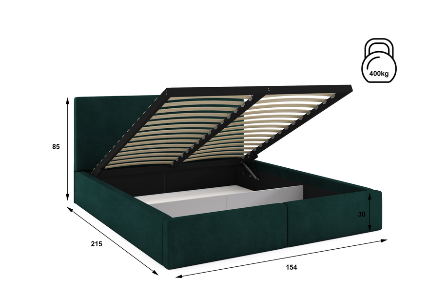 Łóżko sypialniane tapicerowane HILTON 140X200 z materacem i pojemnikiem, zielone