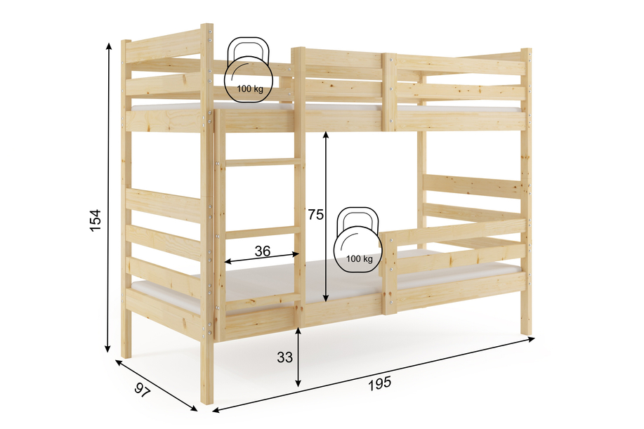 Łóżko młodzieżowe piętrowe Eryk 90X190, z materacem, naturalne drewno