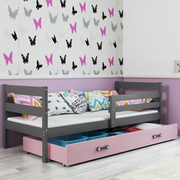 Pojedyncze łóżko młodzieżowe ERYK 90x190 z szufladą, grafitowe/różowe