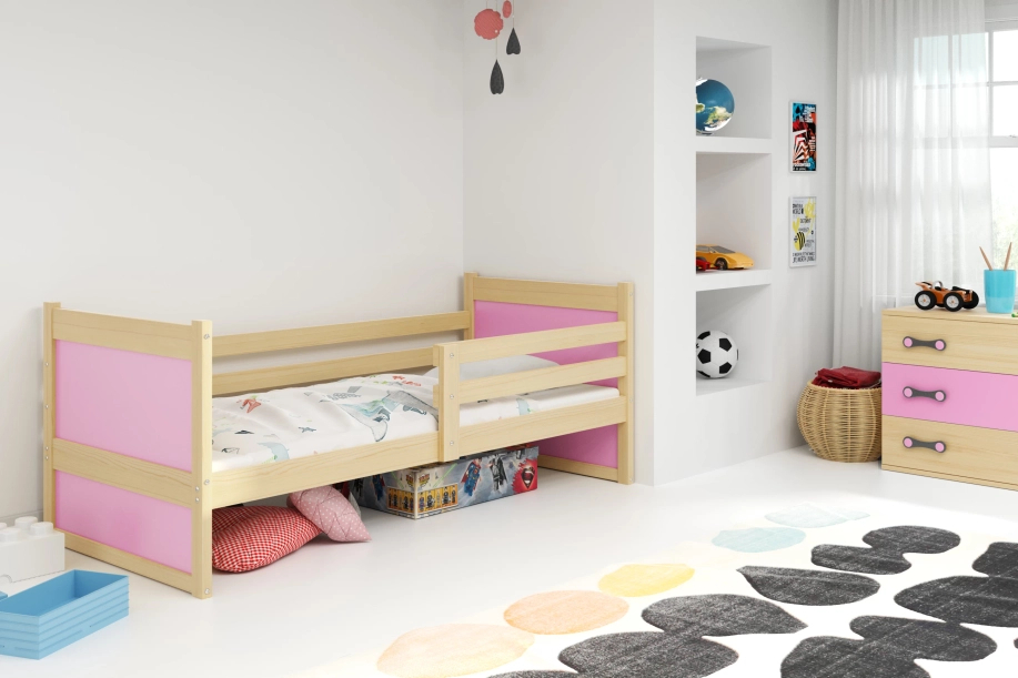 ŁÓŻKO MŁODZIEŻOWE POJEDYNCZE RICO 90X200 Z MATERACEM, SOSNA/RÓŻOWE