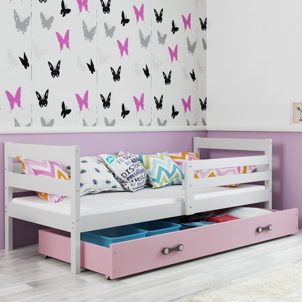 Pojedyncze łóżko młodzieżowe ERYK 90x190 z materacem i szufladą, biały/różowy