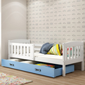 Łóżko młodzieżowe pojedyncze KUBUŚ 90X200 z materacem i szufladą, białe/niebieskie