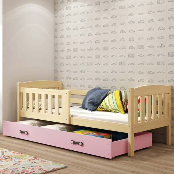 Łóżko dziecięce pojedyncze KUBUŚ 80X160 z szufladą, sosna/różowe