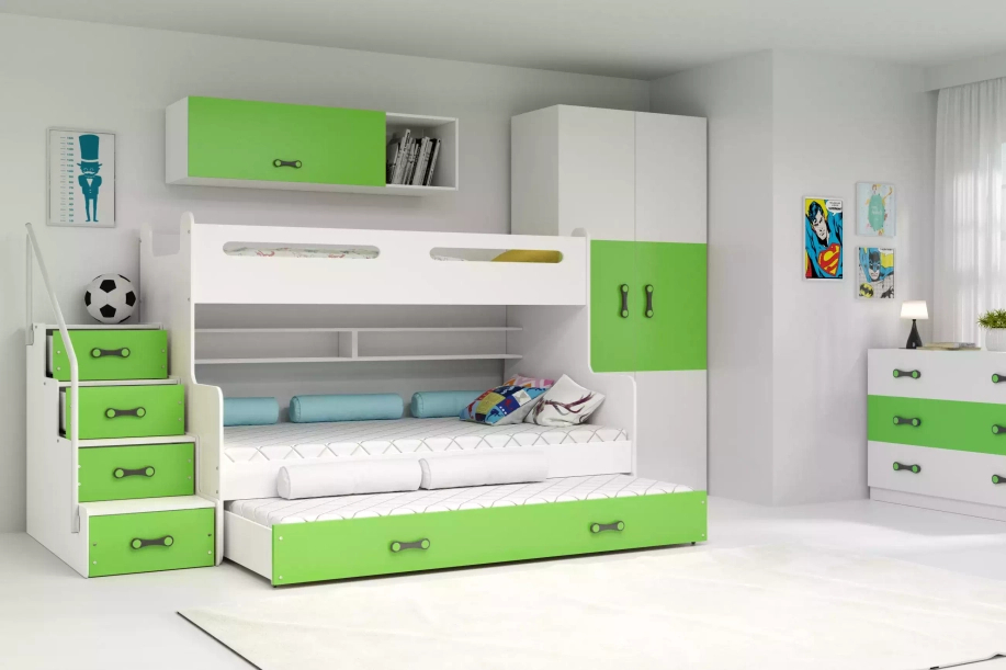 ŁÓŻKO MŁODZIEŻOWE TRZYOSOBOWE MAX 3 120X200 Z MATERACEM I SZUFLADĄ, ZIELONE