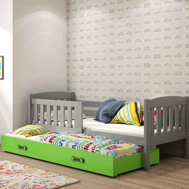 Łóżko młodzieżowe wysuwane KUBUŚ 90X190 z materacem i szufladą, grafitowe/zielone