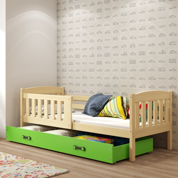 Łóżko młodzieżowe pojedyncze KUBUŚ 80X190 z materacem i szufladą, sosna/zielone