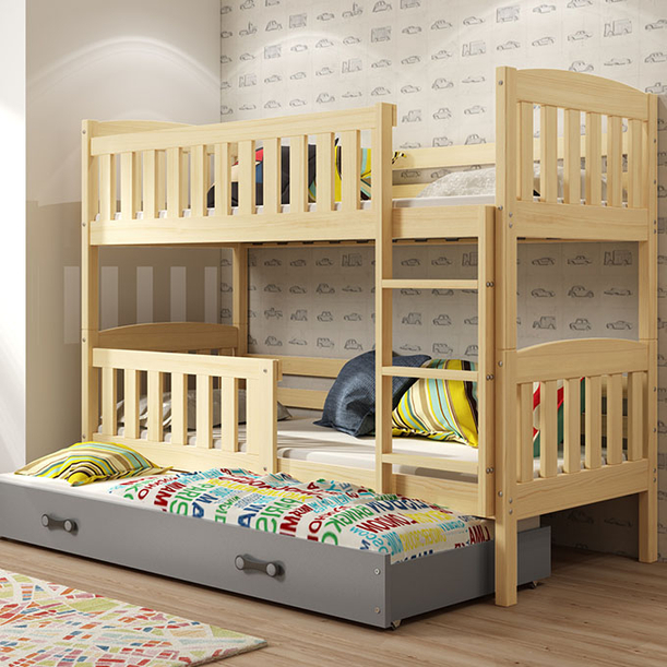 Łóżko młodzieżowe trzyosobowe KUBUŚ 90X190 z szufladą, sosna/grafitowe