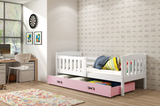 Łóżko młodzieżowe pojedyncze KUBUŚ 90X200 z materacem i szufladą, białe/różowe