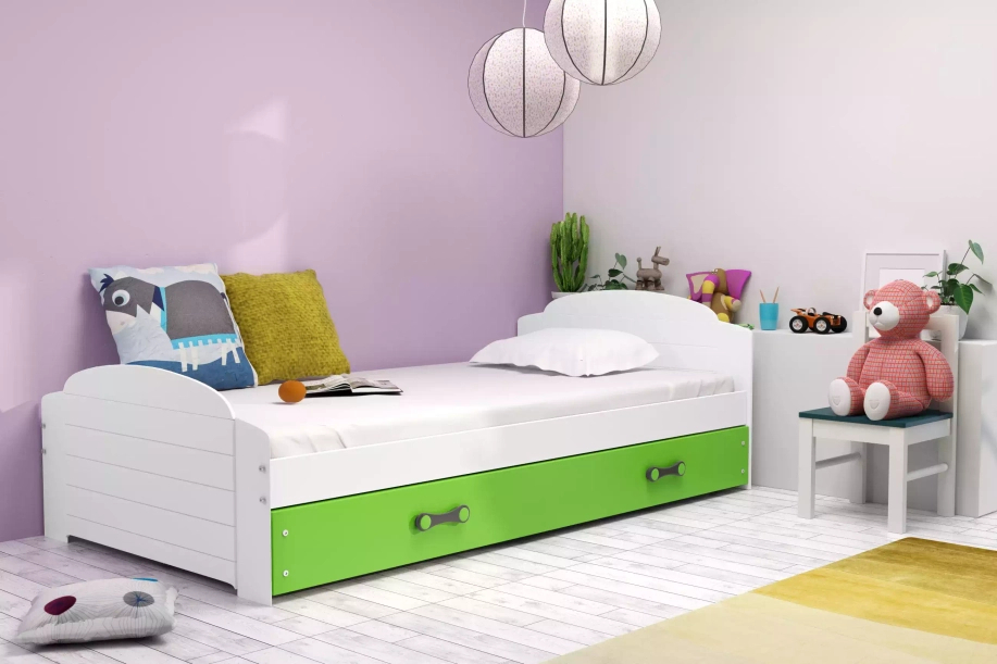 ŁÓŻKO MŁODZIEŻOWE POJEDYNCZE LILI 90X200 Z SZUFLADĄ, BIAŁE/ZIELONE