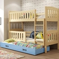 Łóżko młodzieżowe trzyosobowe KUBUŚ 90X190 z szufladą, sosna/niebieskie