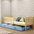 Łóżko młodzieżowe pojedyncze KUBUŚ 90X190 z materacem i szufladą, sosna/niebieskie
