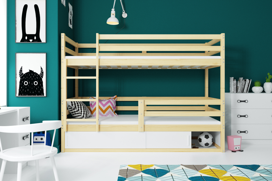 Łóżko młodzieżowe piętrowe BINGO 80X190 z materacem i schowkiem, sosna